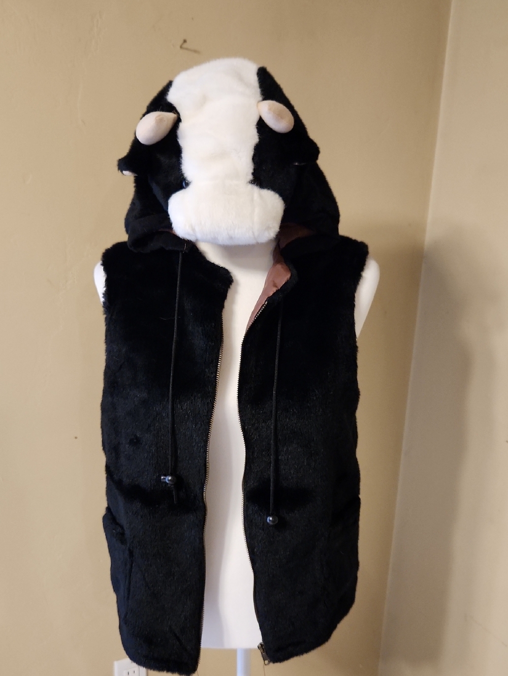 Black Faux Fur Hooded Vest with White Cow Ear Hood